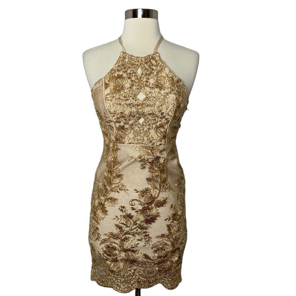 Gold Embroidered Halter Mini Dress Scalloped Hem Size XS (Gold-Beige)